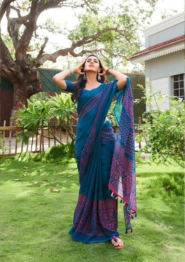 Blue color Digital Printed Cotton Linen Saree With Blouse Piece