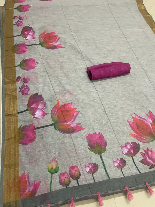 Gray Color Floral Digital Printed Cotton Linen Saree With Blouse Piece