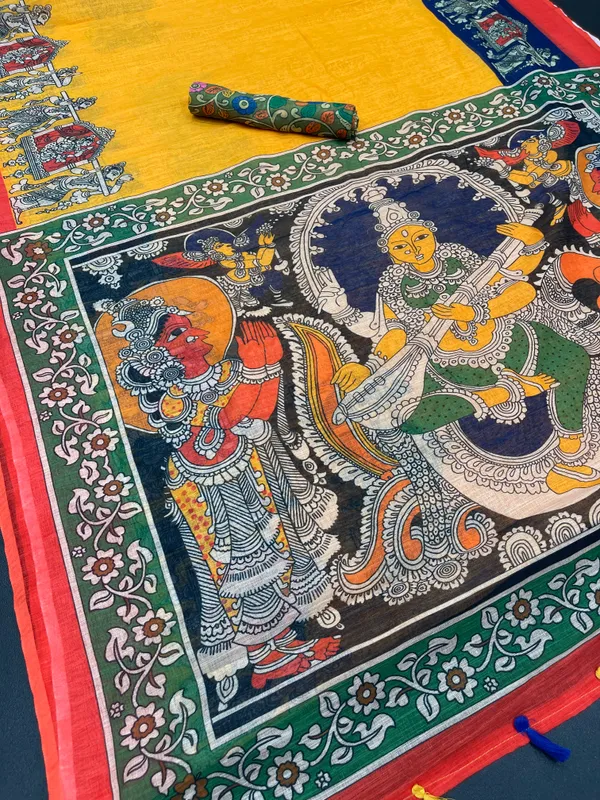 Musturd color Printed Cotton Linen Saree With Blouse Piece