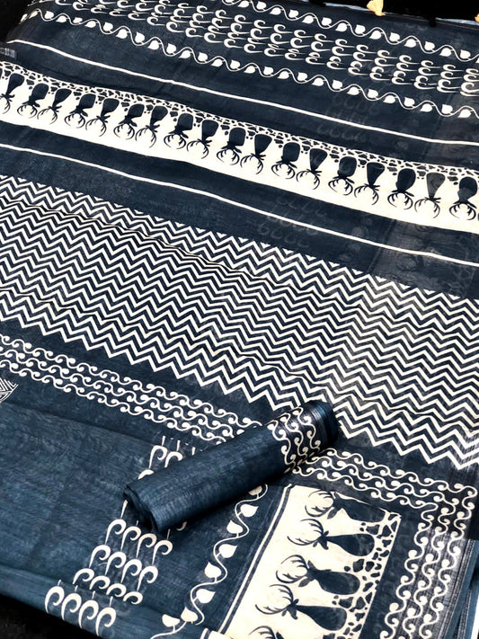 Multi Color Animal Digital Printed Cotton Linen Saree With Blouse Piece