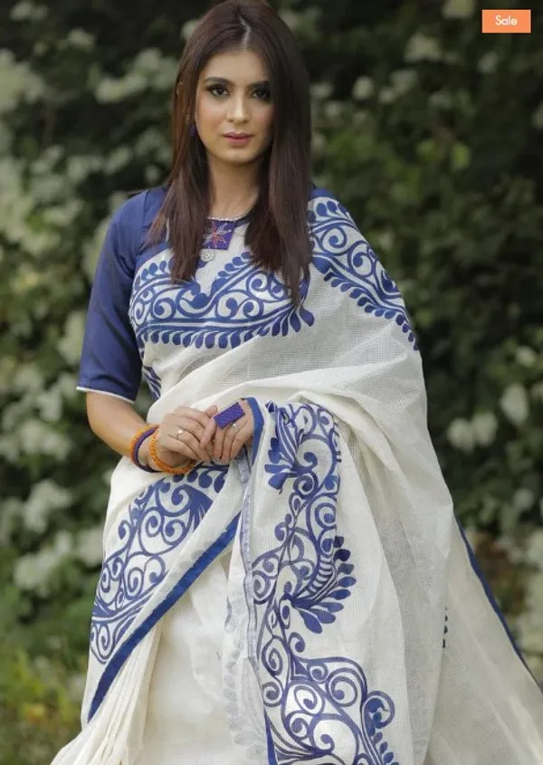 White color Printed Cotton Linen Saree With Blouse Piece