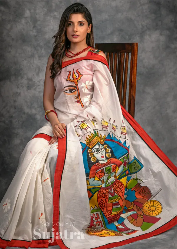 White color Kalamkari Digital Printed Cotton Linen Saree With Blouse Piece