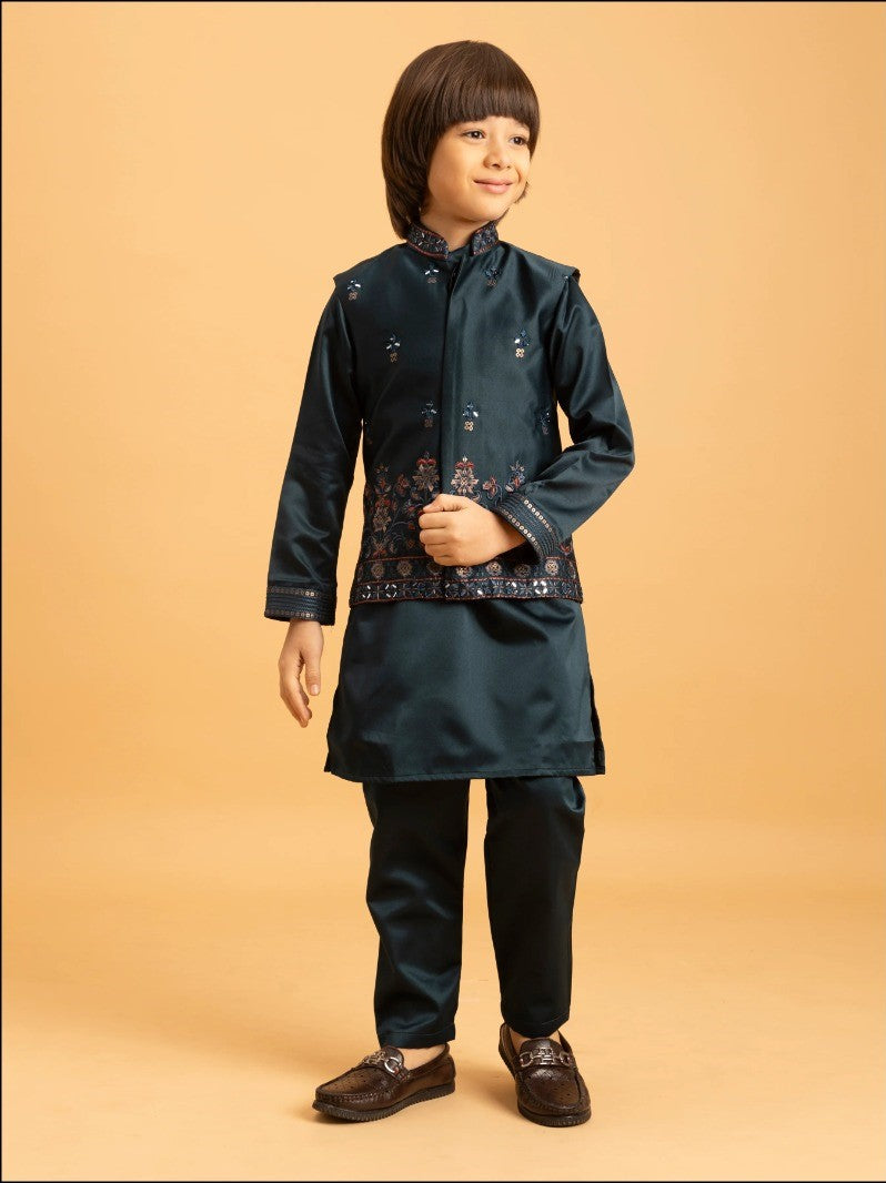 Dark Green Color Thread with Sequence Embroidered Work Kids Kurta, Payjama with Koti