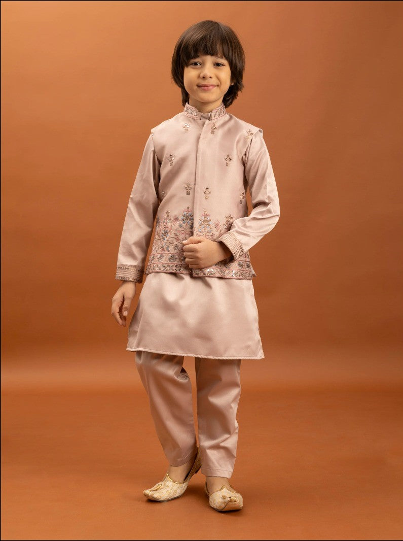 Peach Color Thread with Sequence Embroidered Work Kids Kurta, Payjama with Koti