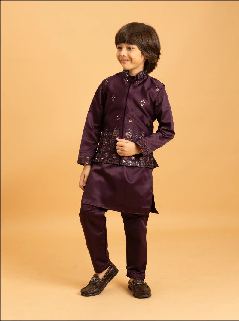 Maroon Color Thread with Sequence Embroidered Work Kids Kurta, Payjama with Koti
