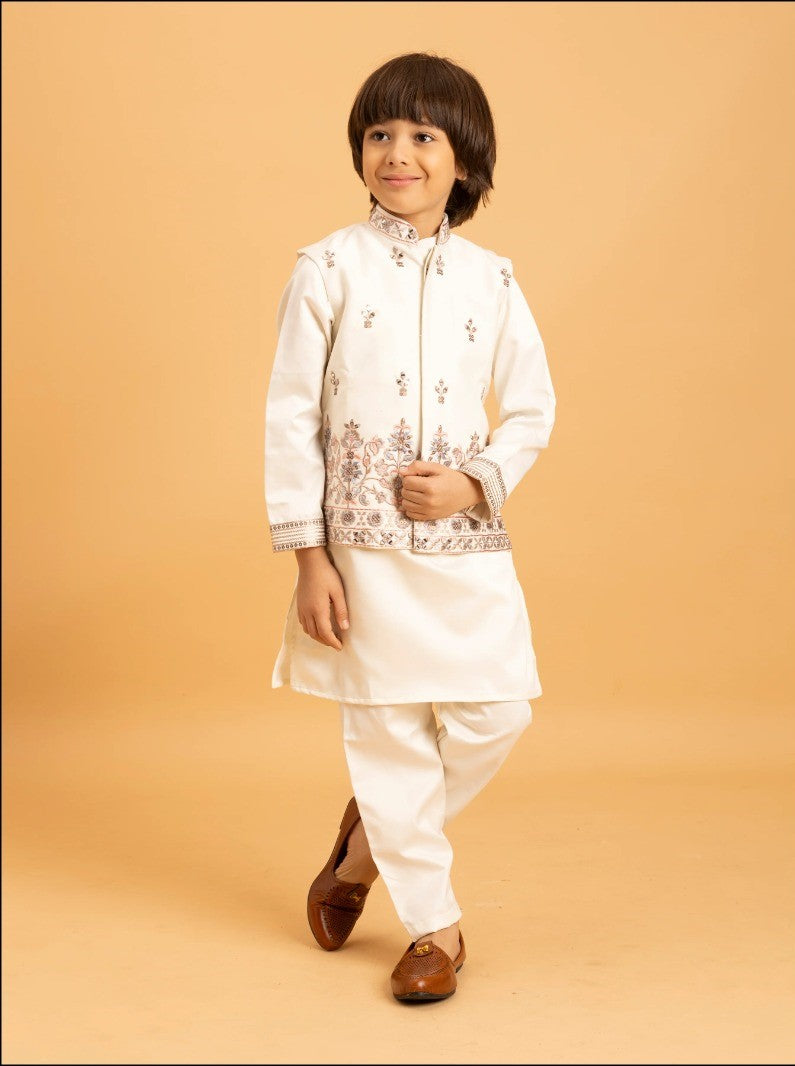 White Color Thread with Sequence Embroidered Work Kids Kurta, Payjama with Koti