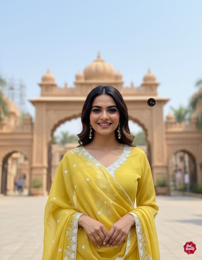 Yellow Georgette with Full inner Chanderi Bottom with Dupatta