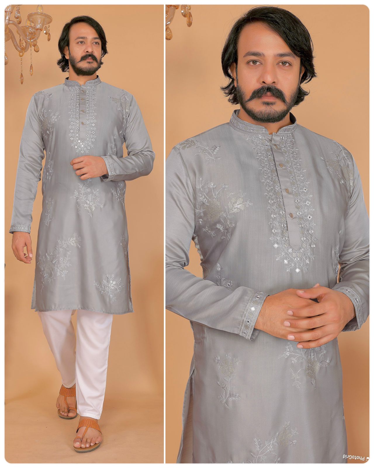 Gray Color Viscous Silk with Heavy embroidery sequence work Mens Kurta Payjama