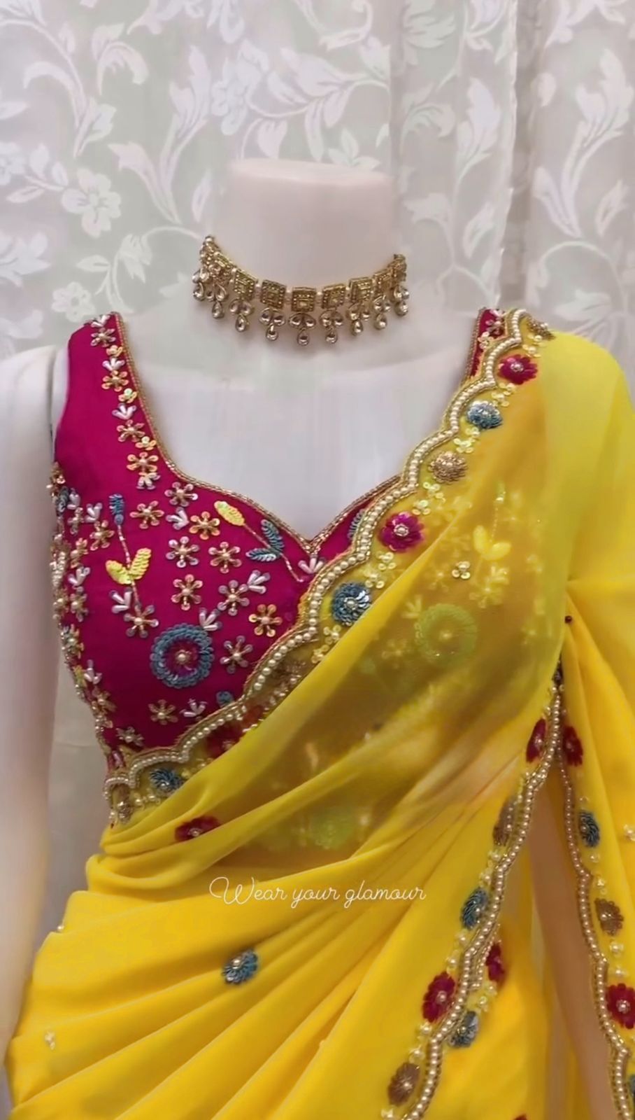 Yellow Color Faux Georgette Intricate Thread & Sequence With Moti Work Saree With Blouse Piece