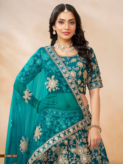 Turquoise Art Silk Full Embroidery Lehenga Choli With Dupatta