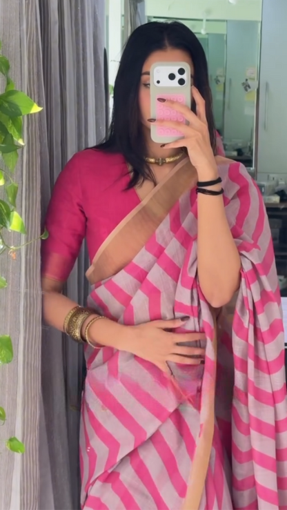 Beautiful Pink Color Zig-Zag Digital Printed Cotton Linen Saree With Blouse Piece