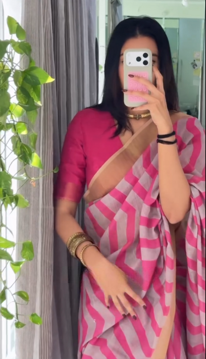 Beautiful Pink Color Zig-Zag Digital Printed Cotton Linen Saree With Blouse Piece