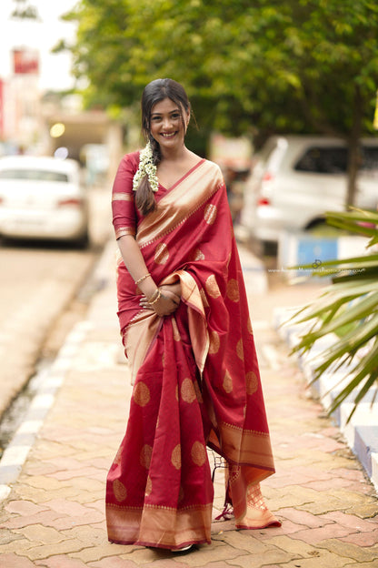 Maroon Soft Banarasi silk saree with all over the saree & zari weaving Rich pallu