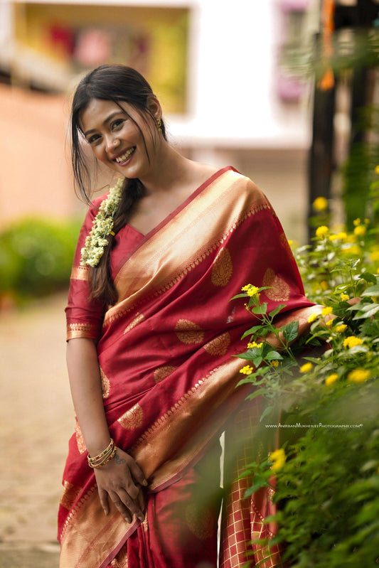Maroon Soft Banarasi silk saree with all over the saree & zari weaving Rich pallu