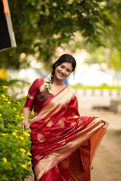 Maroon Soft Banarasi silk saree with all over the saree & zari weaving Rich pallu