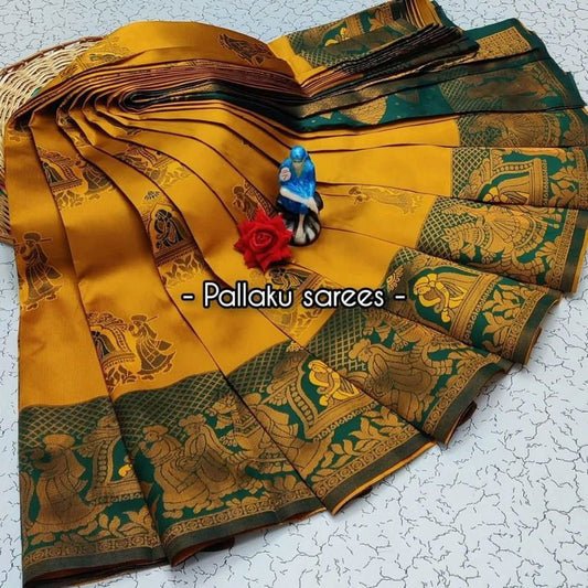 Yellow Soft Banarasi silk saree with Flower and Mina Design all over the saree & zari weaving Rich pallu