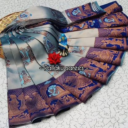 Blue Soft Banarasi silk saree with Flower and Mina Design all over the saree & zari weaving Rich pallu