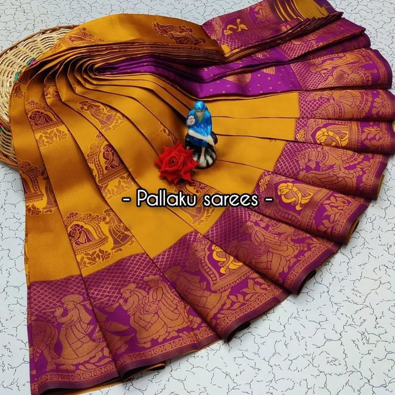 Golden Soft Banarasi silk saree with Flower and Mina Design all over the saree & zari weaving Rich pallu