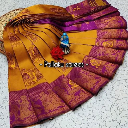 Golden Soft Banarasi silk saree with Flower and Mina Design all over the saree & zari weaving Rich pallu