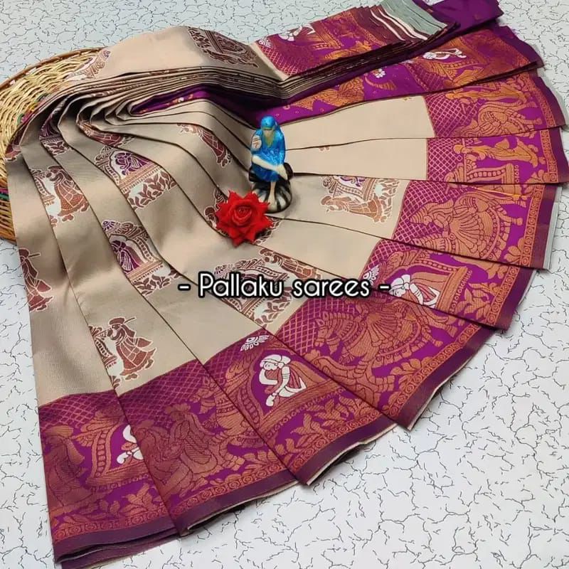 Chikoo Soft Banarasi silk saree with Flower and Mina Design all over the saree & zari weaving Rich pallu