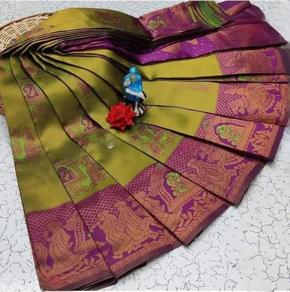 Green Soft Banarasi silk saree with Flower and Mina Design all over the saree & zari weaving Rich pallu