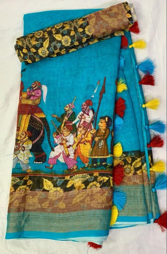 Blue color Elephant Printed Cotton Linen Saree With Blouse Piece