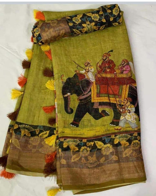 Green color Elephant Printed Cotton Linen Saree With Blouse Piece