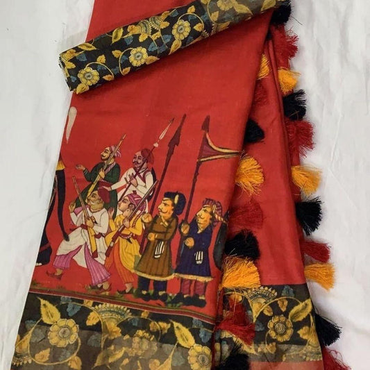 Red color Elephant Printed Cotton Linen Saree With Blouse Piece