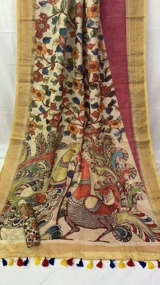 Multi color Kalamkari Printed Cotton Linen Saree With Blouse Piece