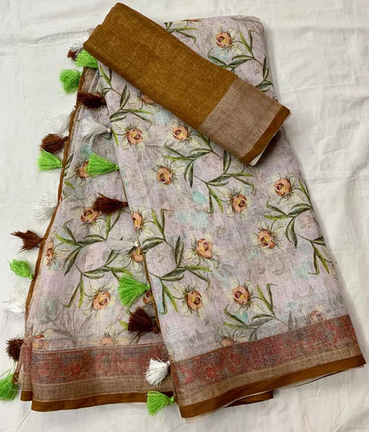 Gray color Kalamkari Printed Cotton Linen Saree With Blouse Piece