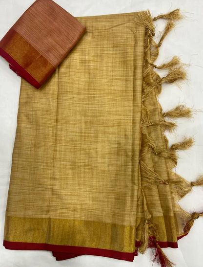 Beige color Uniform Printed Cotton Linen Saree With Blouse Piece