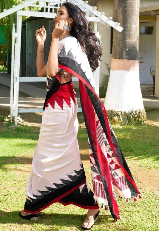Maroon and White color Printed Cotton Linen Saree With Blouse Piece