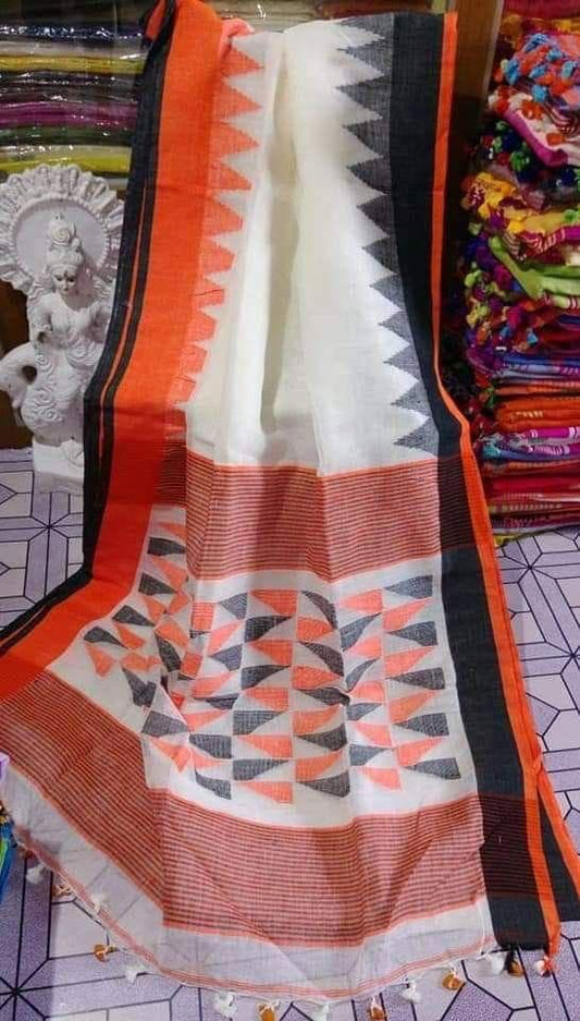 Orange and White color Printed Cotton Linen Saree With Blouse Piece