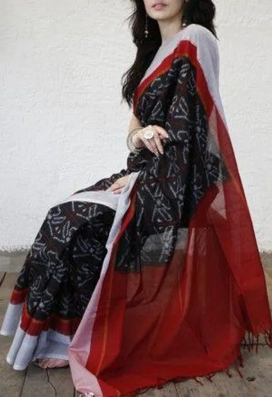 Black color Digital Printed Cotton Linen Saree With Blouse Piece