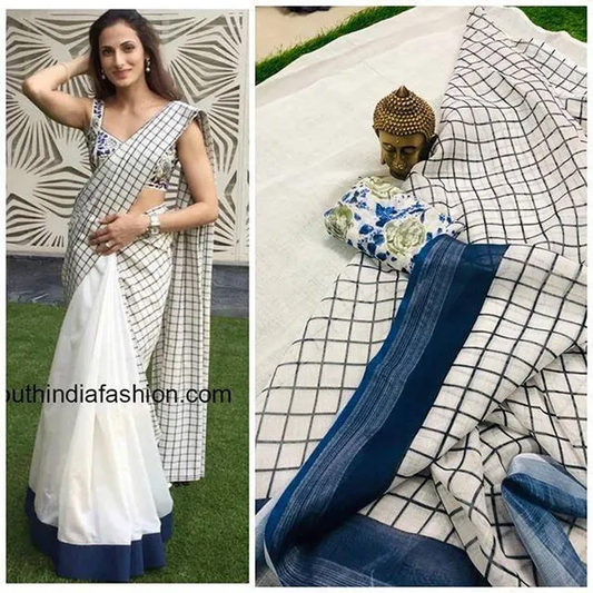 White color Digital Printed Cotton Linen Saree With Blouse Piece
