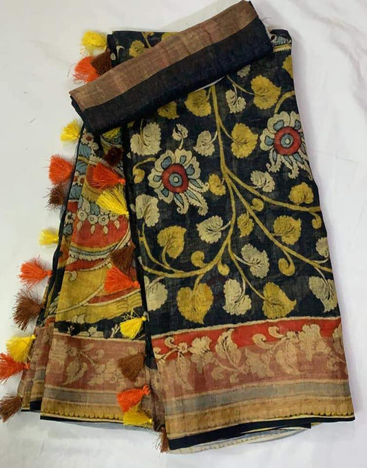 Black color Kalamkari Printed Cotton Linen Saree With Blouse Piece
