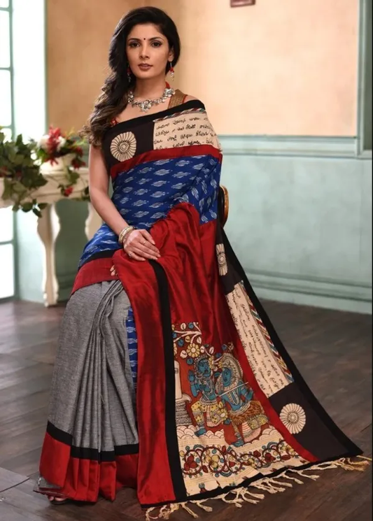 Multi color Floral Digital Printed Cotton Linen Saree With Blouse Piece
