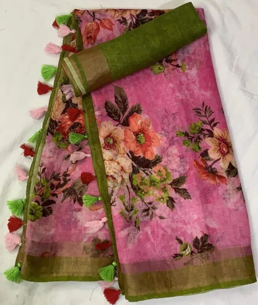 Pink color Floral Digital Printed Cotton Linen Saree With Blouse Piece