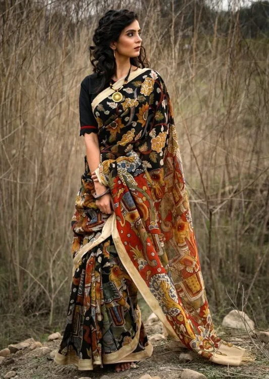 Black color Kalamkari Printed Cotton Linen Saree With Blouse Piece