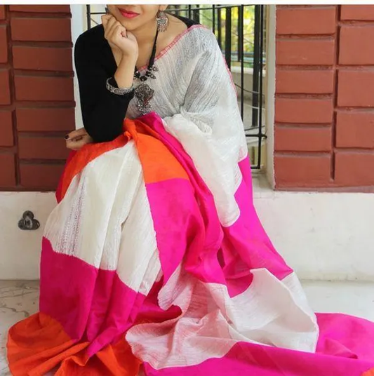 Pink and white color Digital Printed Cotton Linen Saree With Blouse Piece