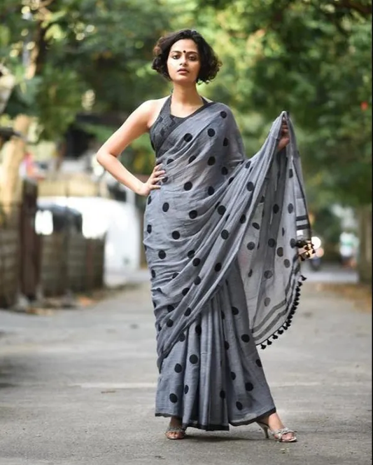 Gray color Digital Printed Cotton Linen Saree With Blouse Piece