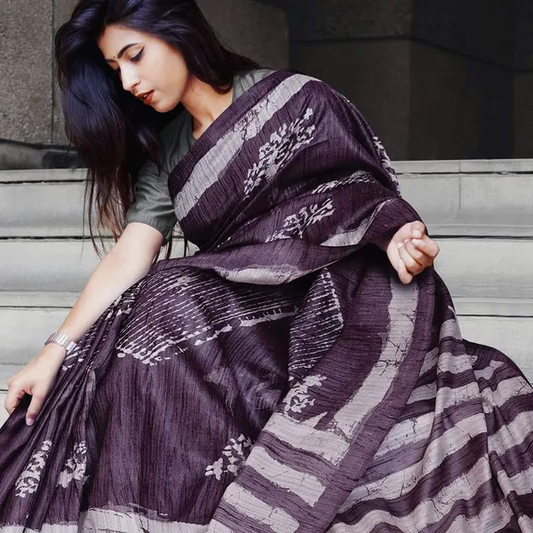 Wine color Digital Printed Cotton Linen Saree With Blouse Piece