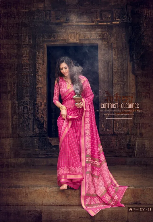 Pink color Digital Printed Cotton Linen Saree With Blouse Piece