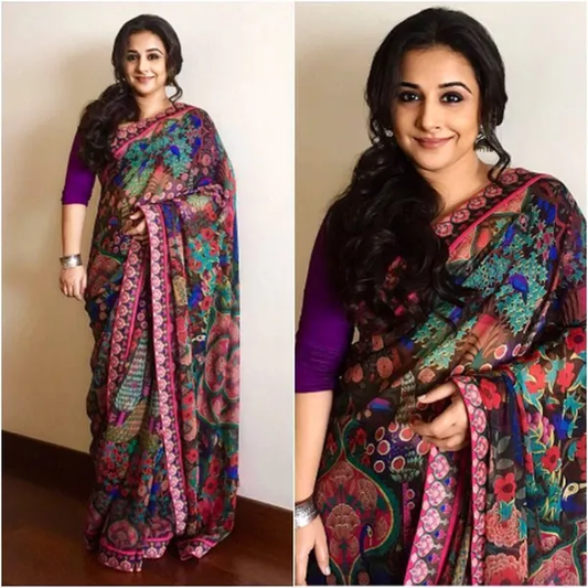Vidhya Balan Multi color Digital Printed Cotton Linen Bollywood Saree With Blouse Piece