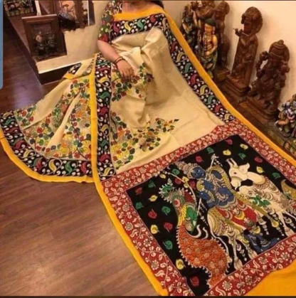 Beige color Kalamkari Digital Printed Cotton Linen Saree With Blouse Piece