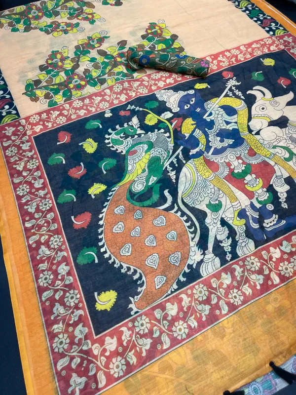 Beige color Kalamkari Digital Printed Cotton Linen Saree With Blouse Piece