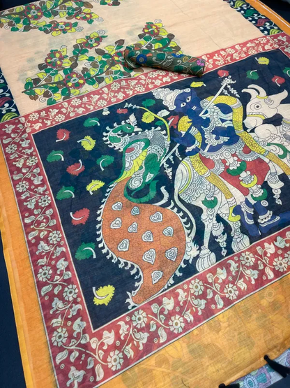Beige color Kalamkari Digital Printed Cotton Linen Saree With Blouse Piece