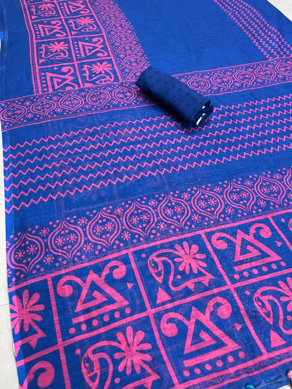 Blue color Digital Printed Cotton Linen Saree With Blouse Piece