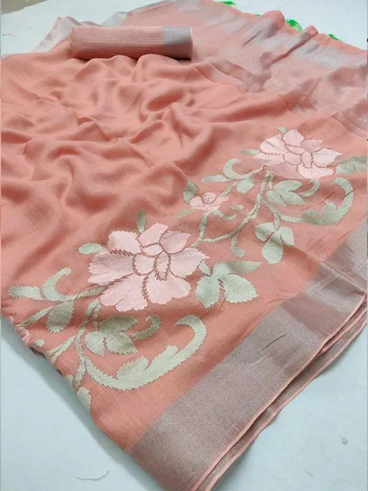 Peach color Digital Printed Cotton Linen Saree With Blouse Piece