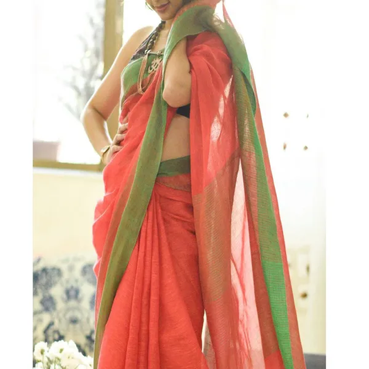 Orange and Green color Digital Printed Cotton Linen Saree With Blouse Piece